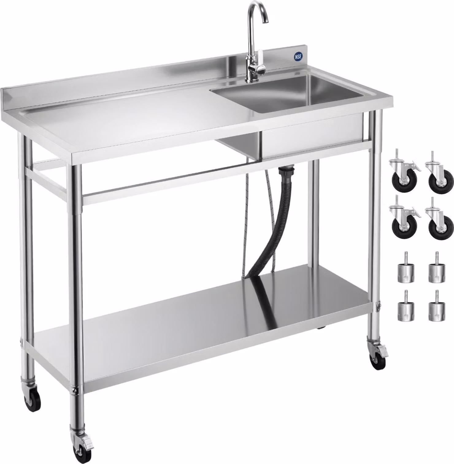 Lavello in acciaio inox - Lavello da cucina a vasca singola su ruote - Dimensioni 120 x 50 x 105,5 cm - Con rubinetto - Piano di lavoro a sinistra - Indipendente - Per interni ed esterni
