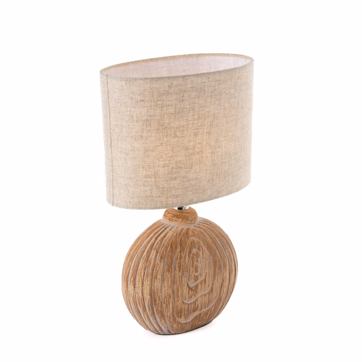Lampada da tavolo con base in Vetroceramica effetto legno e paralume in tessuto di lino beige altezza 39cm