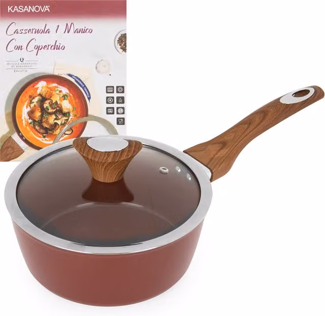 Casseruola con manico e coperchio in vetro Kasanova New Ceramic, colore rosso, diametro 20 cm