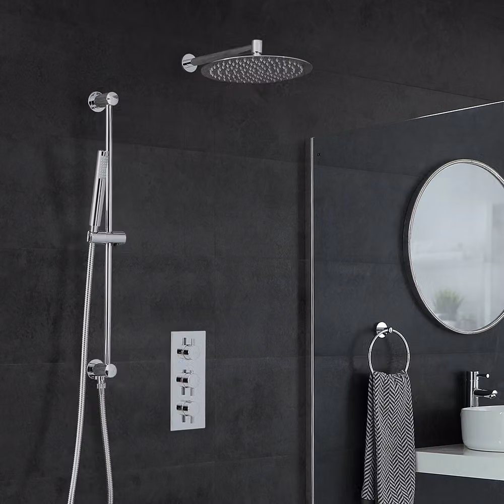 Set Doccia Termostatica Mirage con Miscelatore, Soffione Rain 300 mm, Asta Saliscendi e Doccetta in Ottone Cromato