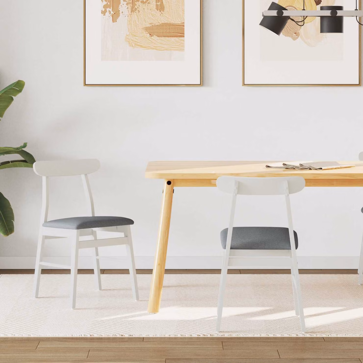 Set di 2 sedie da pranzo vidaXL in legno di gomma con seduta in tessuto bianco e grigio