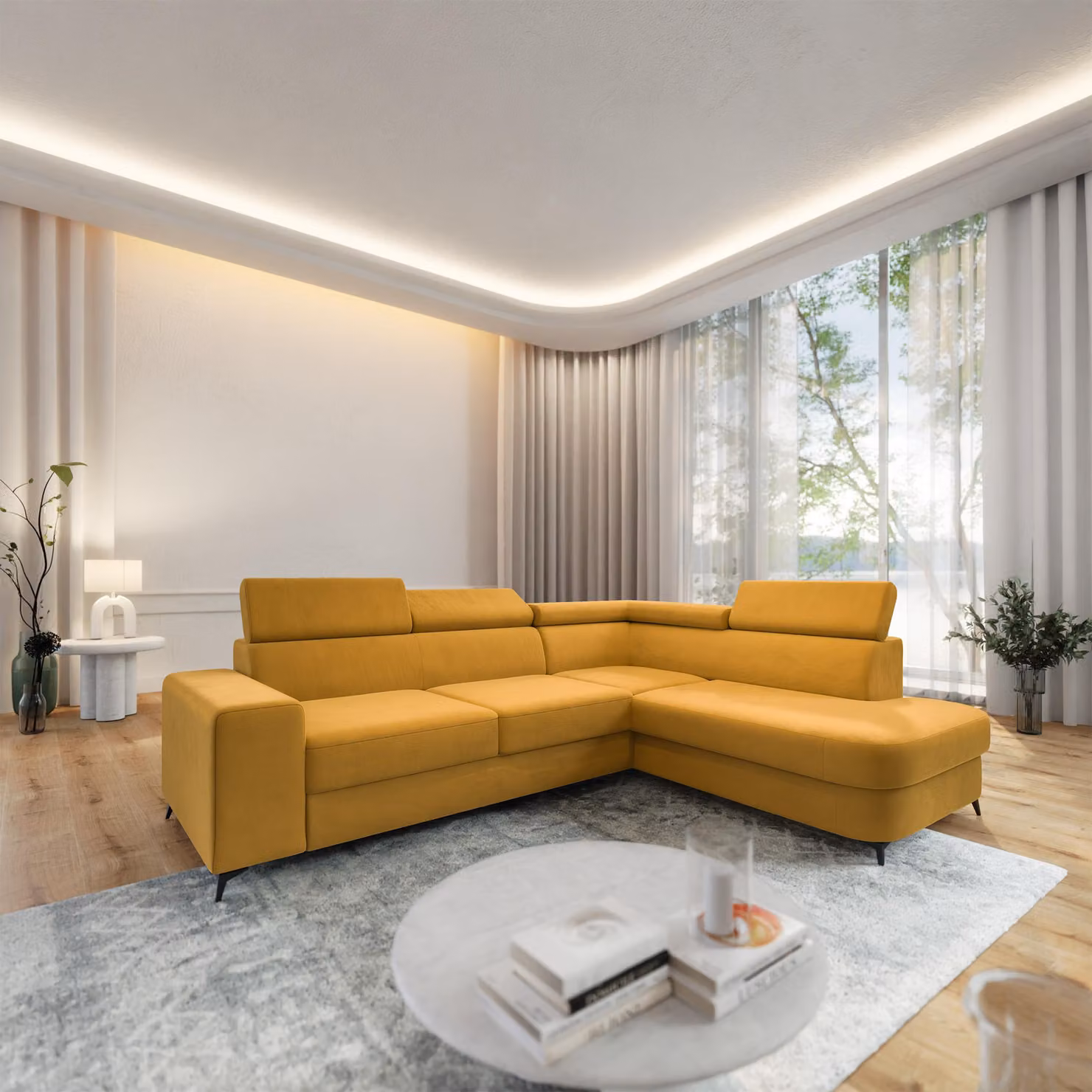 Divano ad angolo Masseno ALVORO R-S con funzione letto a L, divano con contenitore, divano da salotto, divano, divano letto, set divani - Giallo, MATT VELVET 48