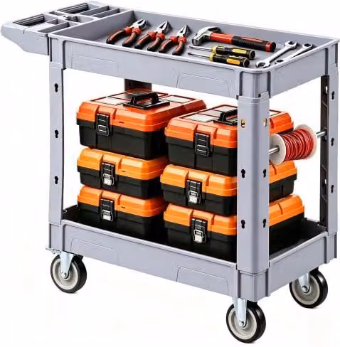 Carrello di Servizio VEVOR Grigio con 2 Ripiani e Ruote Girevoli a 360°, Portata 250 kg, L/P/H: 84,5 x 101 x 44 cm