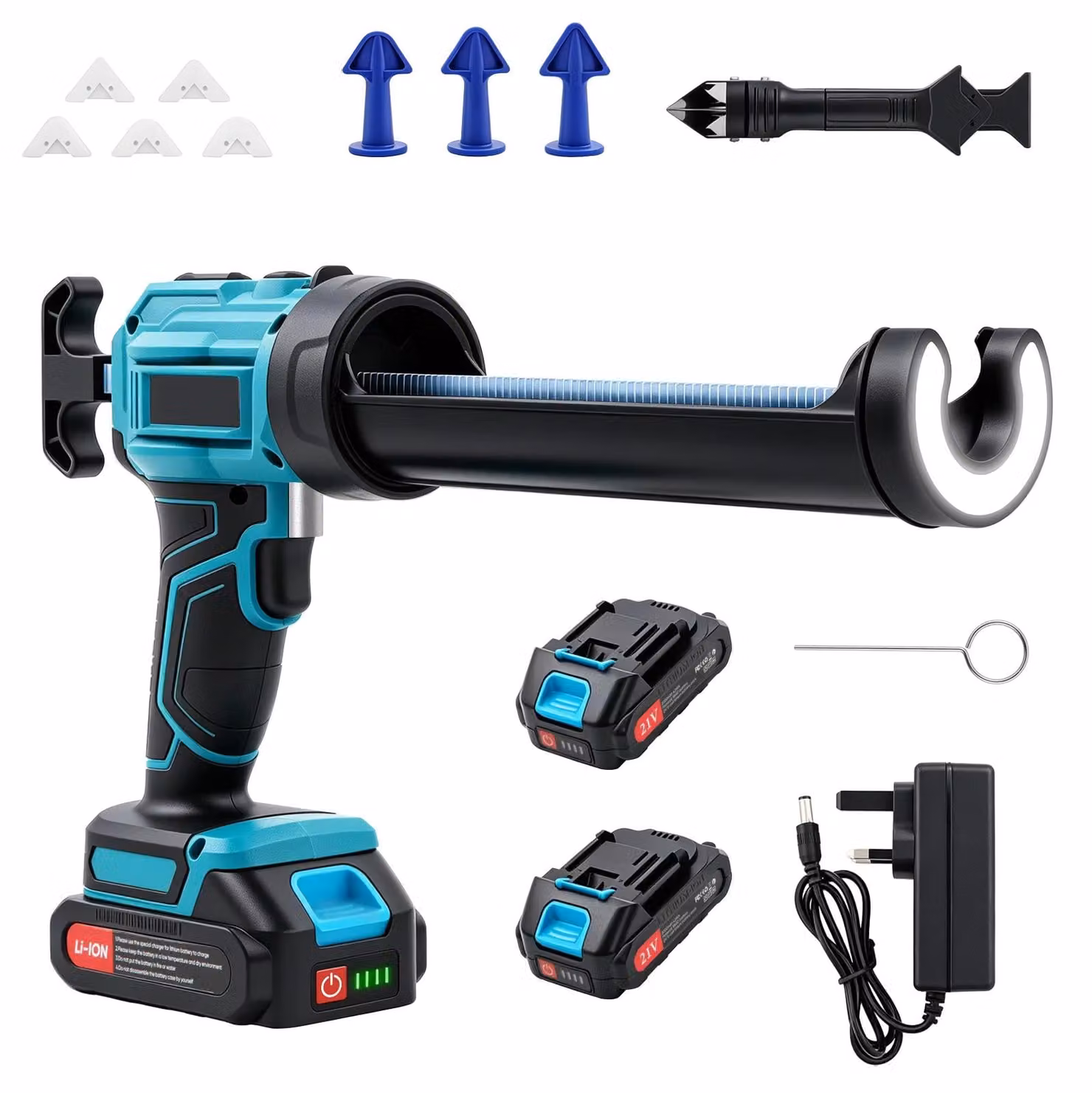 Pistola per silicone a batteria - 21 V, pistola per cartucce - 4 velocità - Sistema antigoccia automatico - Illuminazione LED a 360° - Supporto rotante a 360° - Include batteria