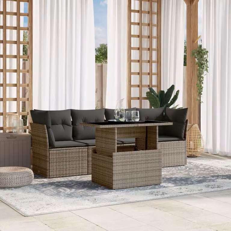 vidaXL Set Divano da Giardino a L 5 pz con Tavolino in Vetro e Cuscini Grigio