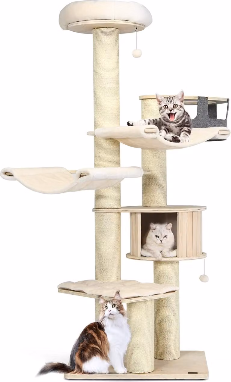 COSTWAY Tiragraffi in legno a 7 livelli, 197 cm, albero per gatti con amaca & grotta per gatti & cesto appeso & palline, grande tiragraffi per gatti, arredamento per gatti, albero per arrampicarsi albero per giocare, beige