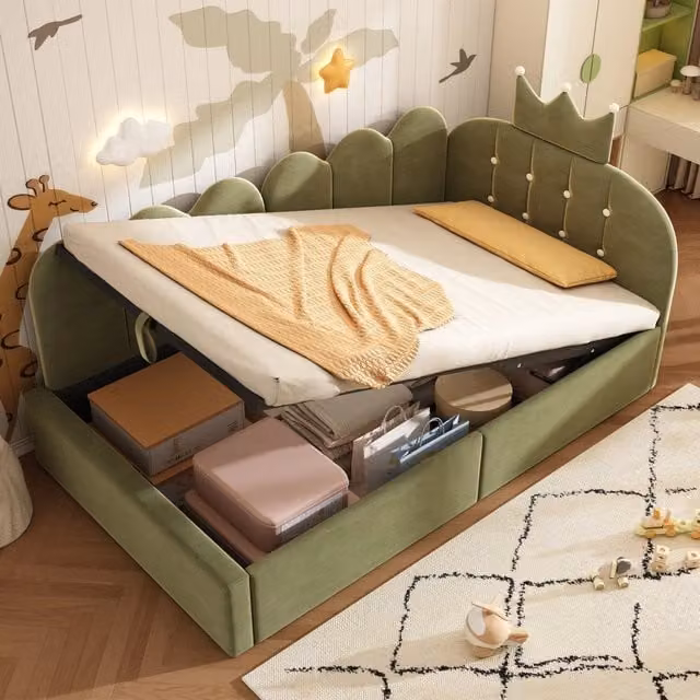 Lettino da giorno imbottito 90x200 cm con stivalità idraulica; velluto verde a forma di L; design a corona; letto per ospiti (senza materasso)
