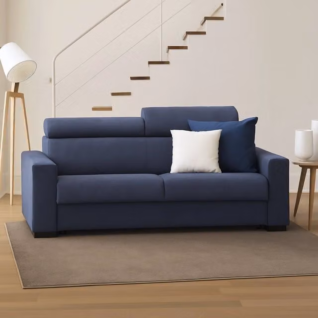 Divano Letto Algo Talamo Italia, Divano 3 Posti Blu con Apertura Girevole, Poggiatesta Regolabili e Braccioli Slim, L: 200 cm, H: 85 cm, P: 95 cm