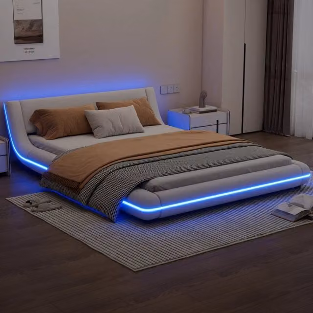 Letto a piattaforma 140 × 200 cm in PU bianco con illuminazione LED regolabile tramite app e rete a doghe