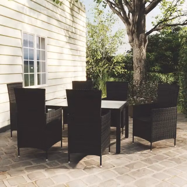 Set da pranzo da giardino moderno vidaXL in polyrattan nero con tavolo in vetro e 7 pezzi