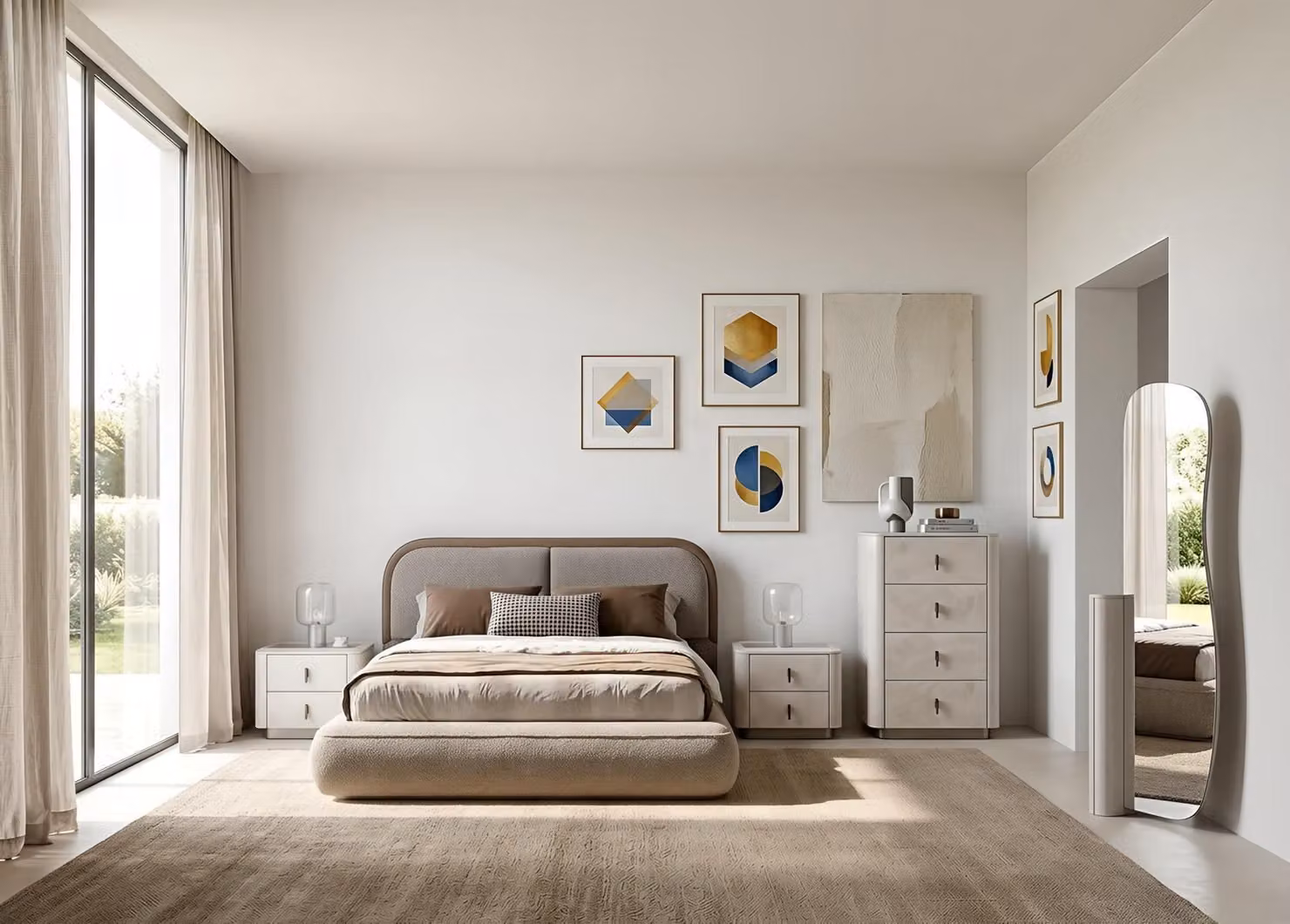 Set per camera da letto: letto, comodini, cassettiera, colore beige, design moderno e