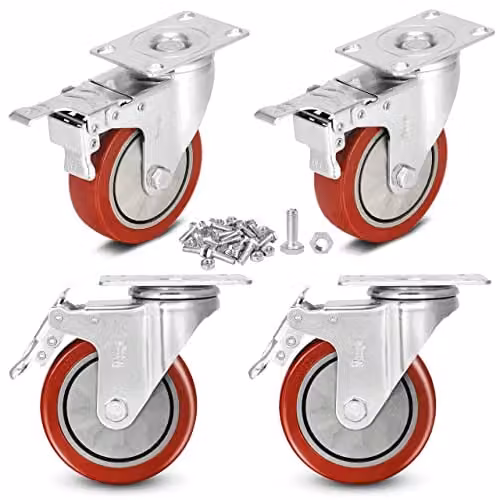 Moogiitools Set di 4 Ruote per Mobili 4 ruote girevoli mobili con freno + Viti - 100mm Portata Max 800kg,Rotelle per Mobili Silenziose Girevoli a 360°, Rotelle con Freno per Banco da Lavoro