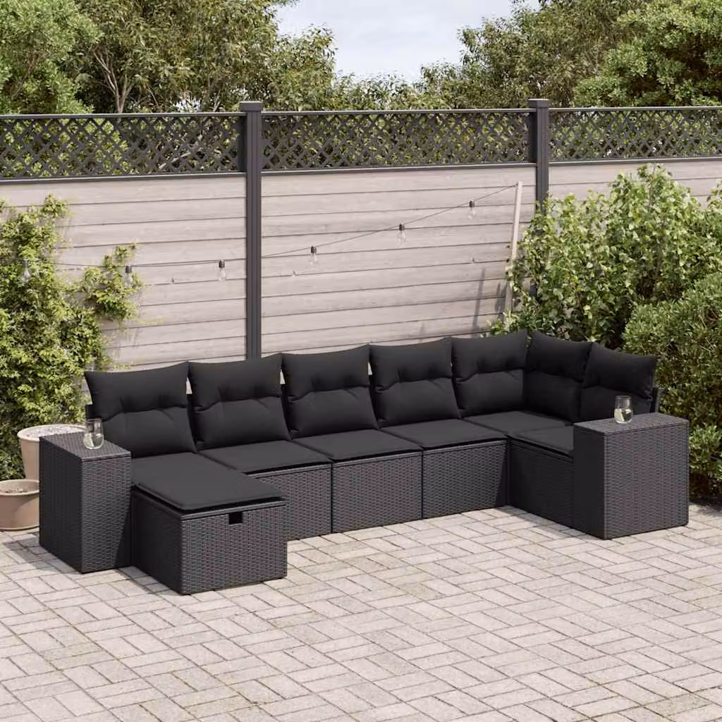 Set Divano da Giardino a L vidaXL in Polyrattan Nero con 7 Cuscini e Ottoman