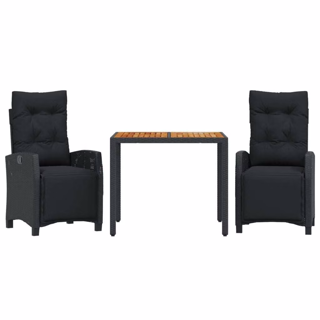 Set da Pranzo da Giardino 3 pz con Cuscini Nero in Polyrattan