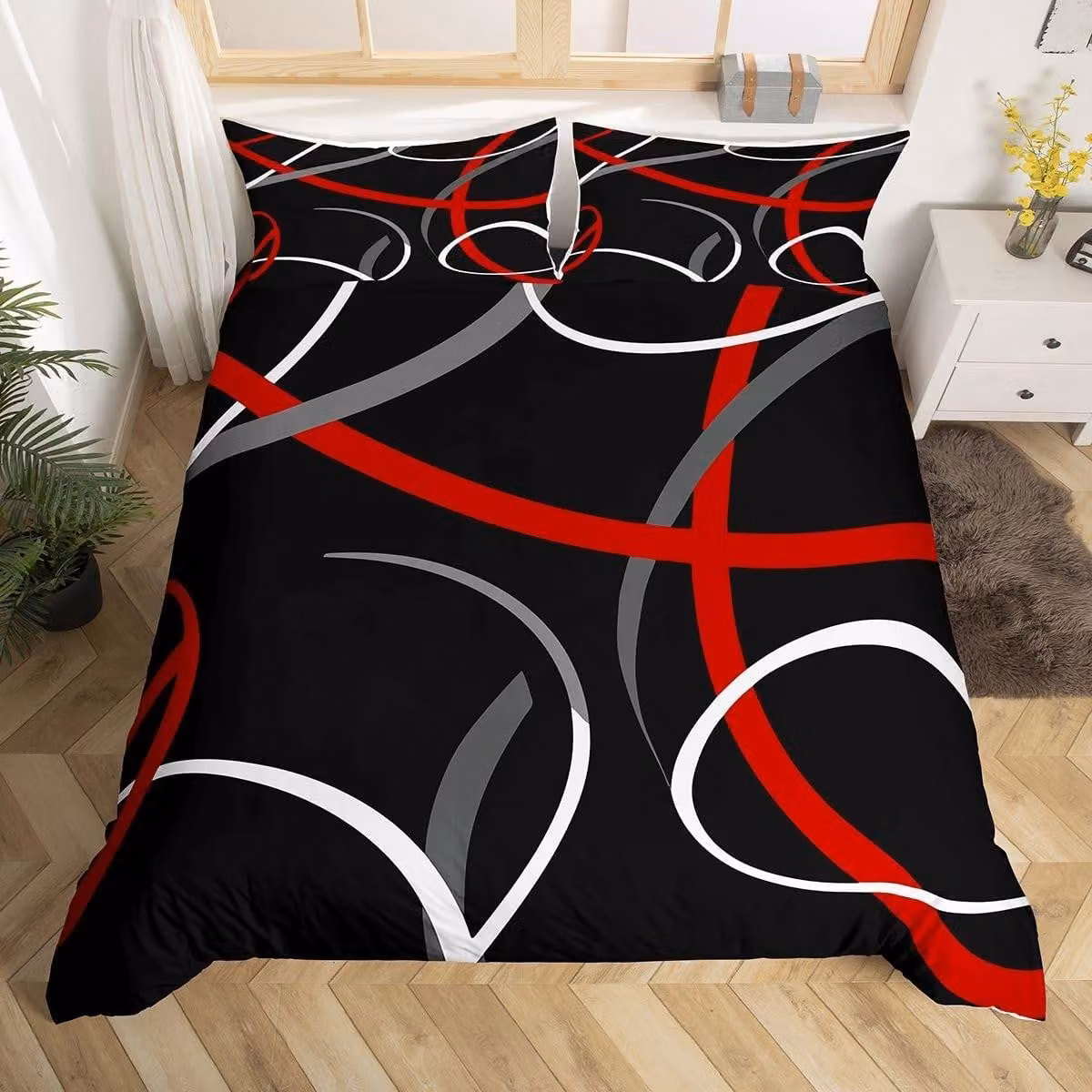 Elzusha - Set di lenzuola con copripiumino matrimoniale, motivo geometrico, rosso, grigio e nero