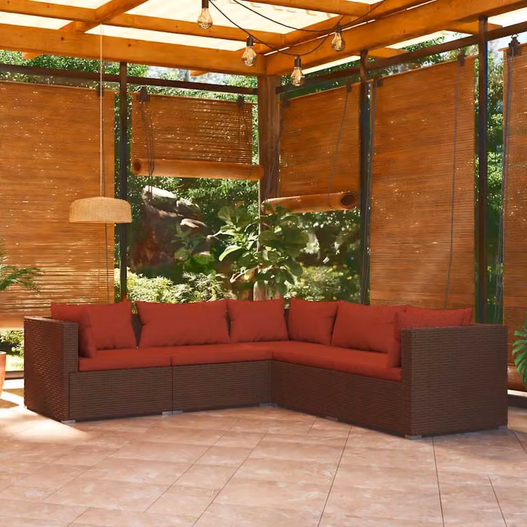 Set di divani da giardino vidaXL a forma di L composto da 5 pezzi con cuscini imbottiti in rattan marrone e struttura in acciaio verniciato a polvere