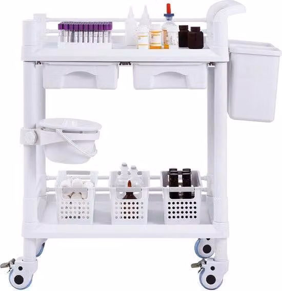 Carrello da laboratorio, a 2 ripiani, carrello multifunzionale con 2 sportelli e 4 guide scorrevoli, carrello medico mobile realizzato in materiale PP, con struttura a 3 gambe, adatto per laboratori, cliniche, colore bianco