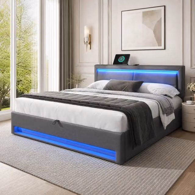 Letto Imbottito REDOM Grigio con Contenitore, LED e Porte USB, L/P: 160 x 200 cm