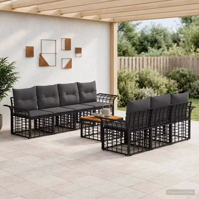 Set di divani da esterno 8 pz Nero e Grigio scuro polyrattan 3437647