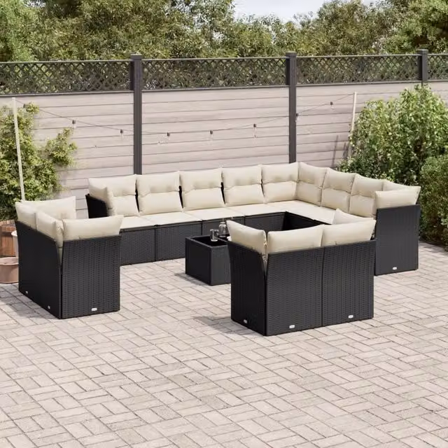 Set di Divani da Giardino VIDAXL a Forma di U in Polyrattan Nero con 13 Pezzi e Cuscini Inclusi