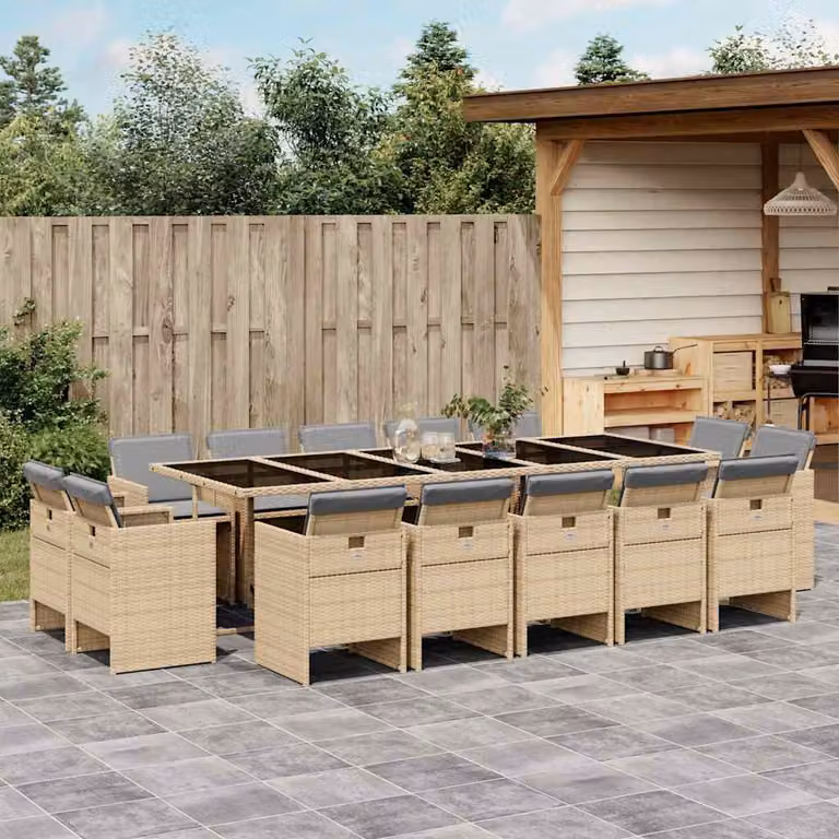Set Pranzo da Giardino vidaXL in Polyrattan con Cuscini Beige, Nero e Grigio, 15 Pezzi