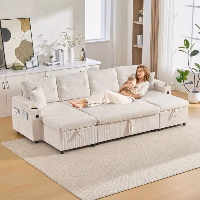 Divano letto 4 posti ¨C Minimal ¨C Beige in velluto con contenitore estraibile