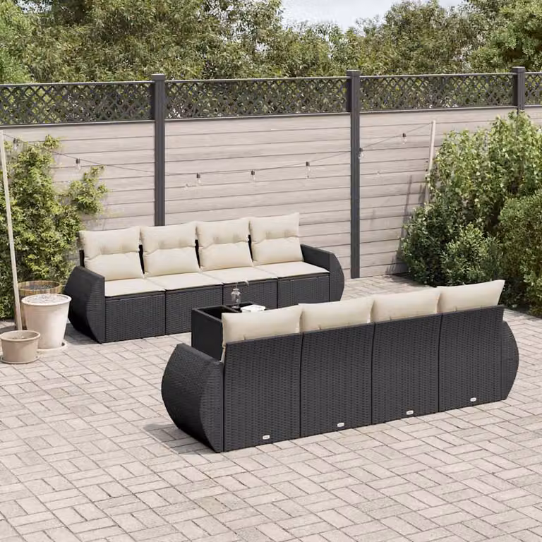 vidaXL Set Divani da Giardino 9 pz in Polyrattan Nero con Cuscini e Tavolino da Esterno