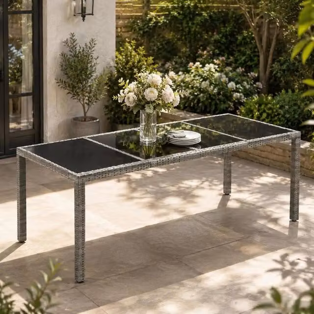 Garden Table With Glass Top, Grey, 190x90x75 Cm, Poly Rattan