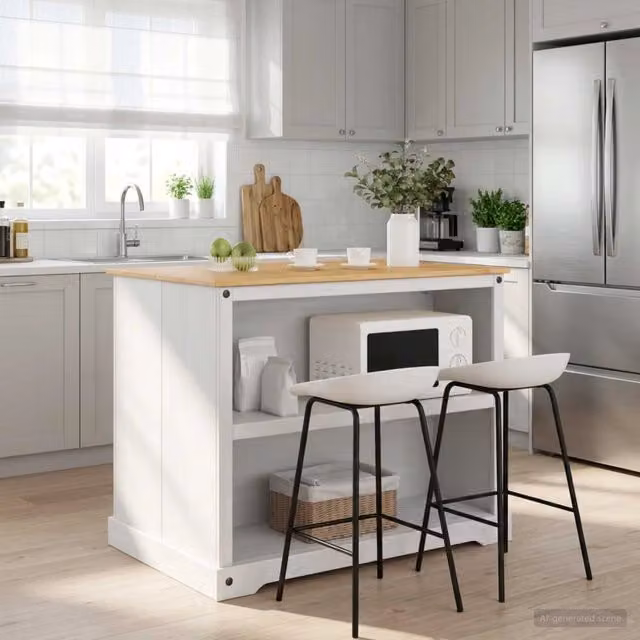 Set isola da cucina moderna vidaXL in legno di pino bianco, L/P/H: 112 x 77 x 91,5 cm