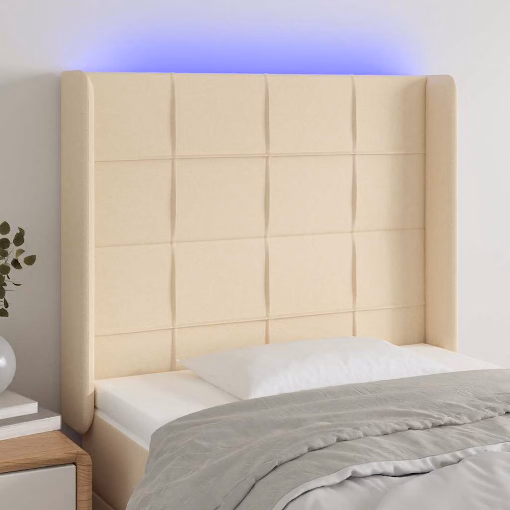 Testiera per letto con illuminazione LED e porte USB vidaXL in tessuto beige L: 93 cm, P: 16 cm, H: 118-128 cm