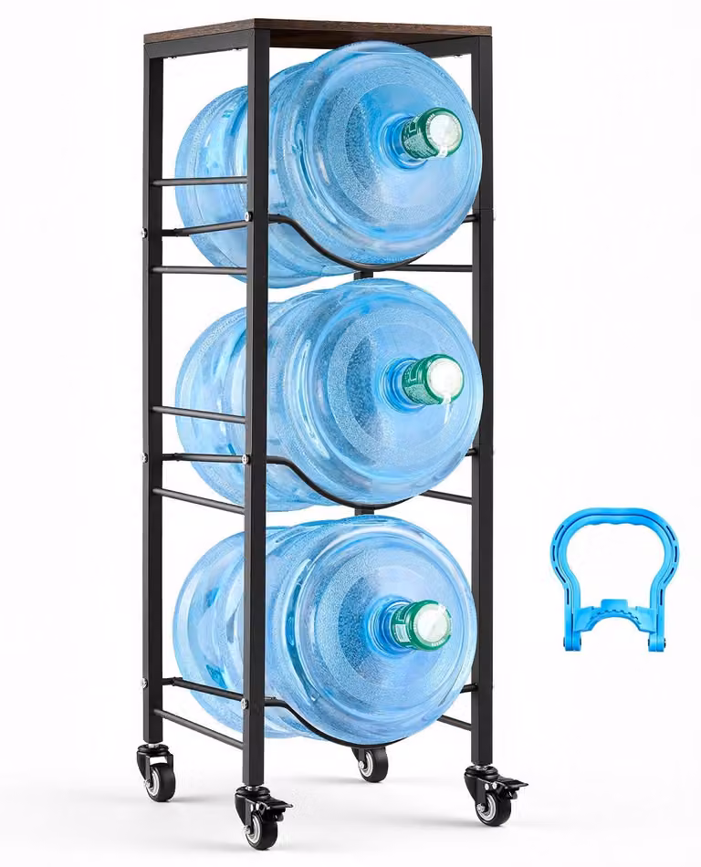 Portabottiglie per acqua - Scaffale a 4 livelli - Per 3 contenitori d'acqua - Con ripiano inferiore - Con ruote - Adatto per cucina, ufficio, soggiorno - Colore: nero e marrone
