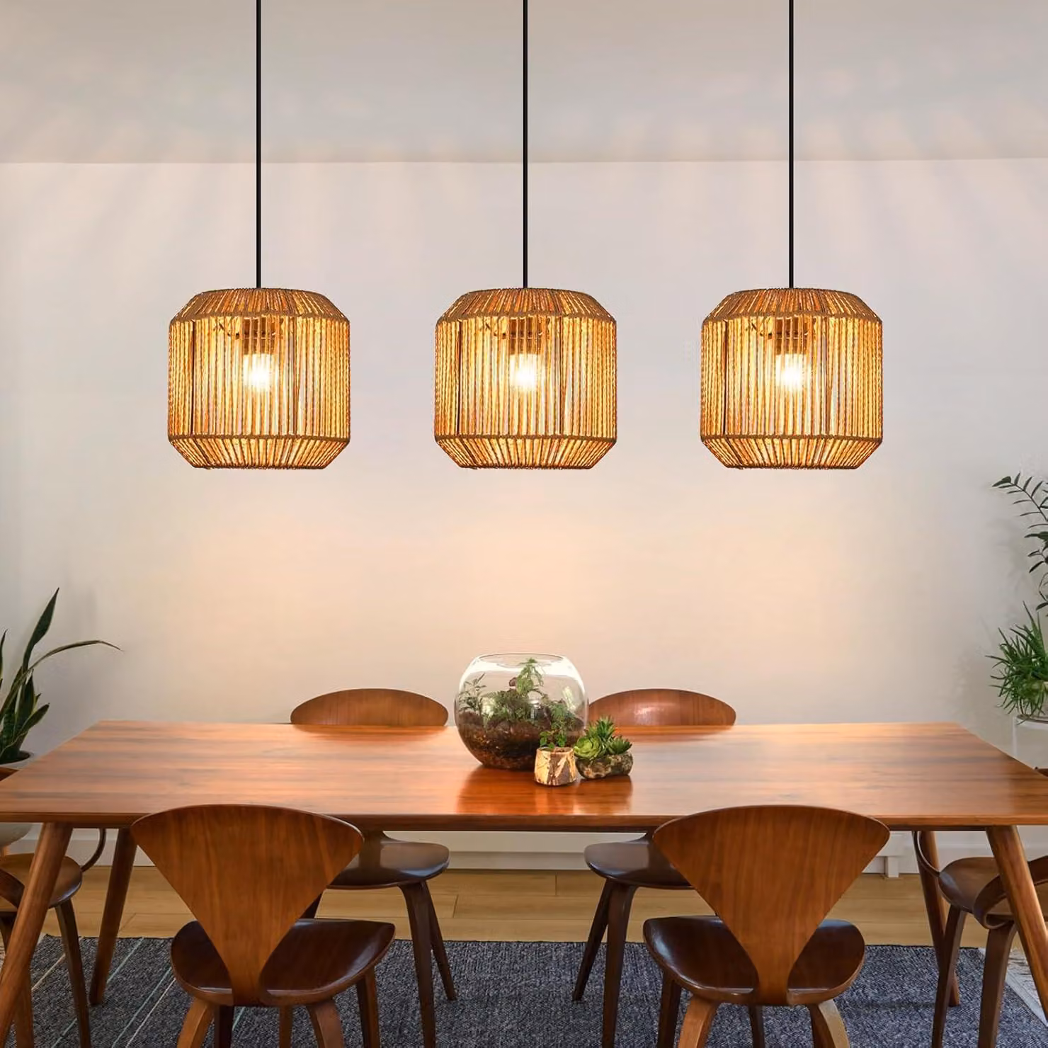 ZMH lampada a sospensione boho lampada a sospensione in rattan lampada a sospensione sala da pranzo 3 fiamme lampada da tavolo design retrò con presa E27 per camera da letto