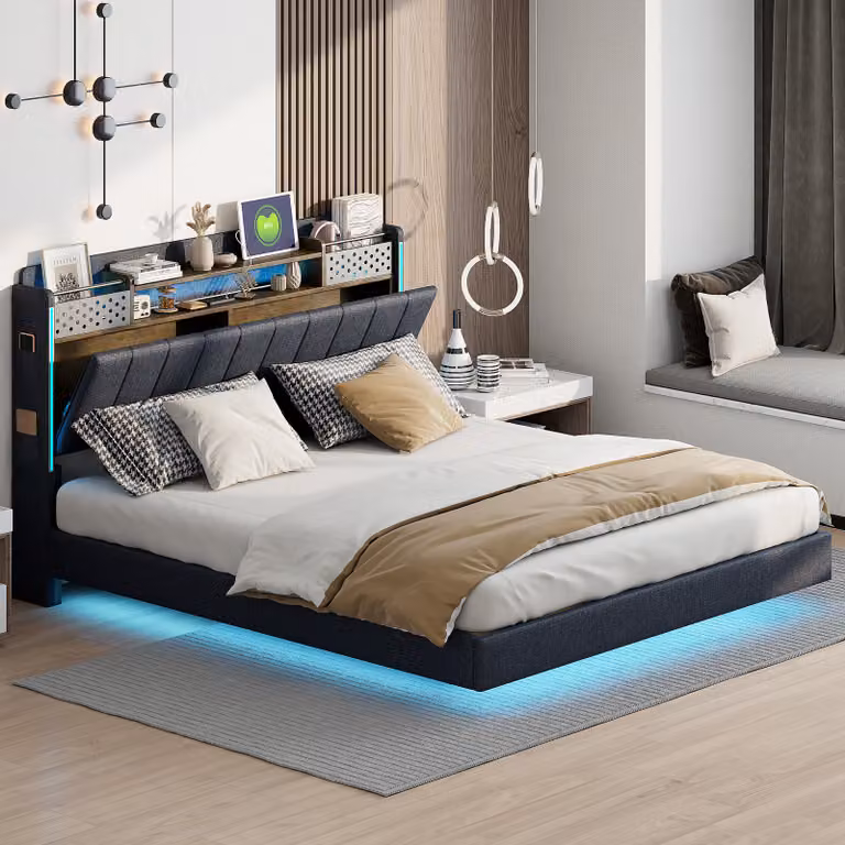 Letto imbottito Sweiko 160*200 con illuminazione a LED e presa USB, testata con contenitore, letto galleggiante letto per giovani letto per adulti, tessuto di lino, grigio