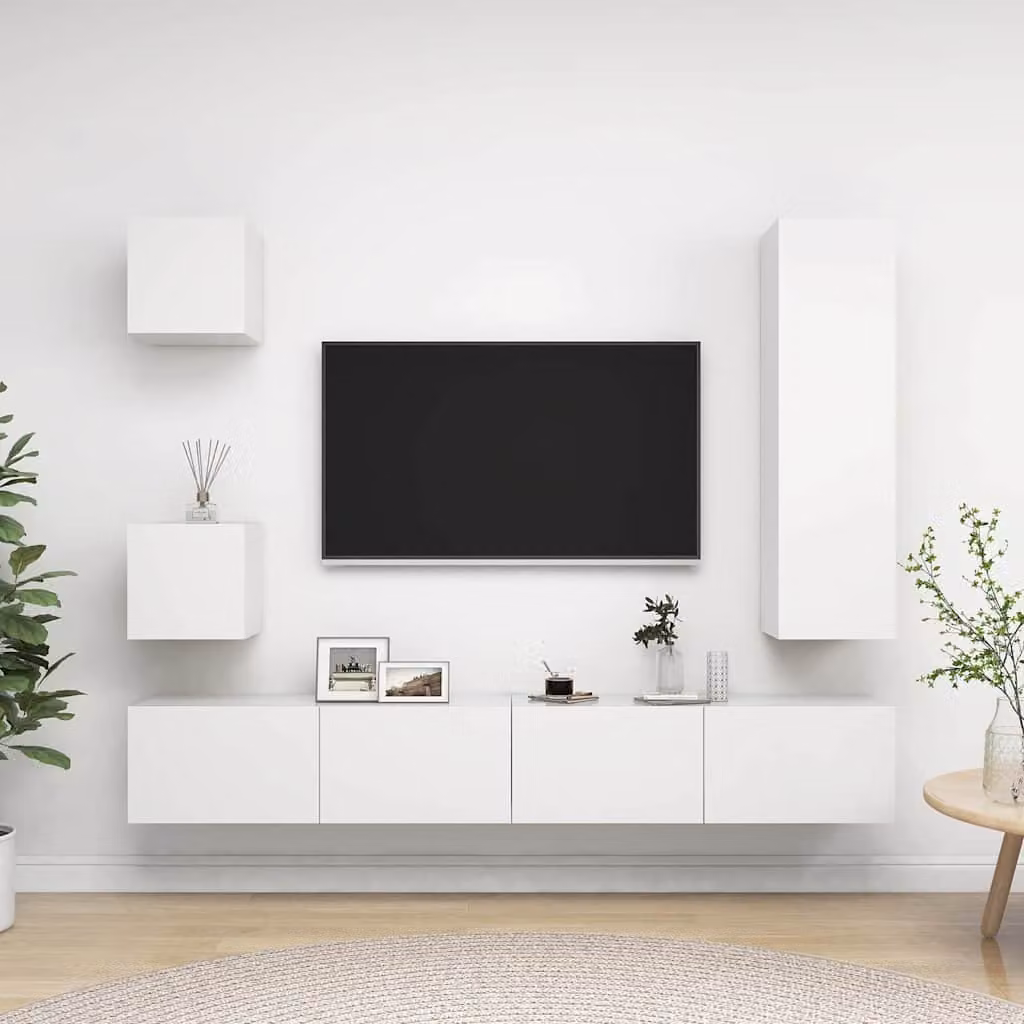vidaXL Set di Mobili Porta TV 5 pz Bianco in Legno Multistrato con Design Minimalista e Montaggio a Parete