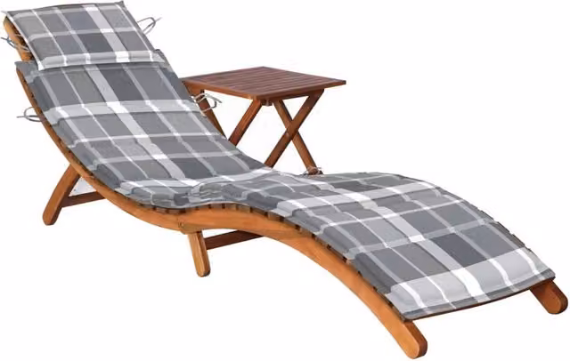 Lettino prendisole da giardino Outsunny in legno di acacia con tavolo e cuscino grigio