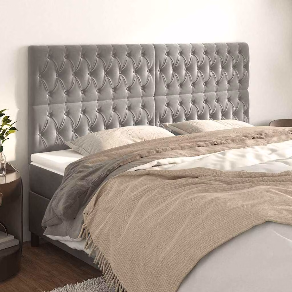 Testiera per letto vidaXL in velluto grigio chiaro con pannello imbottito, L: 180 cm, H: 118/128 cm, P: 7 cm