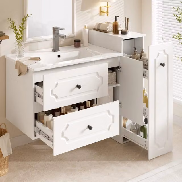 Mobile bagno moderno 107 cm con lavabo in ceramica, mobile sottolavabo a 1 anta e 2 cassetti, colonna integrata. Ampio spazio contenitore