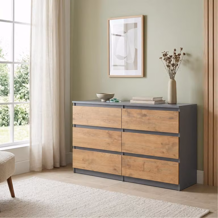 Comodà Masseno NUDO da 120 cm con 6 cassetti e ante, per soggiorno e camera da letto, stile moderno, 120x39x78,5 cm, antracite / effetto rovere