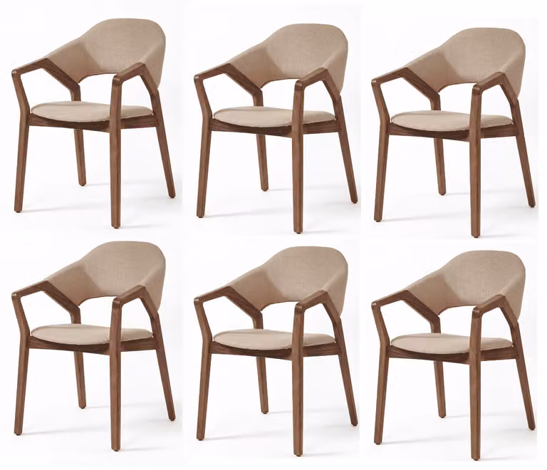 Set di 6 sedie da pranzo moderne in stile organico, colore beige, con braccioli, rivestite in tessuto