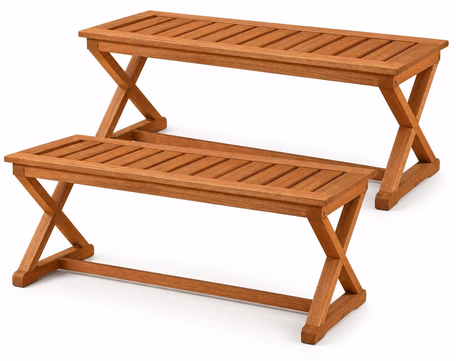 KOMFOTTEU, panchina da giardino a 2 posti, realizzata in legno con struttura a forma di X, panchina in legno senza schienale con traversa rinforzata, capacità di carico fino a 200 kg, ideale come porta-scarpe per ingresso, balcone e terrazza, dimensioni: