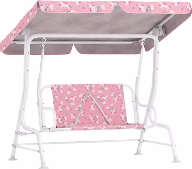 Altalena da giardino XYLO per bambini a 2 posti con tettuccio regolabile e cinture di sicurezza, tema unicorno arcobaleno, colore rosa, L/P/H: 120 x 75 x 112 cm