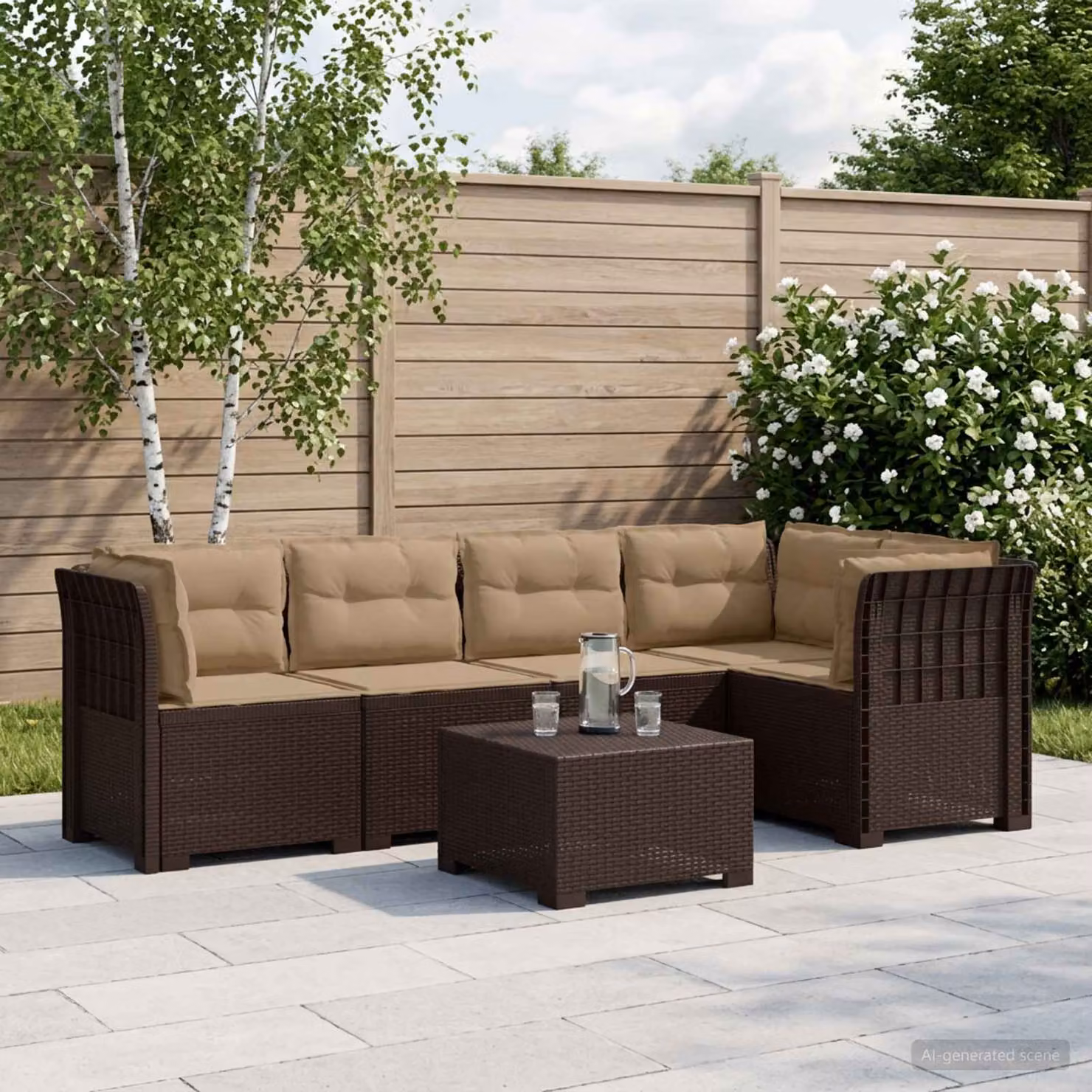 vidaXL Divano da Giardino a L per 5 Persone in Polyrattan Marrone con Cuscini Beige