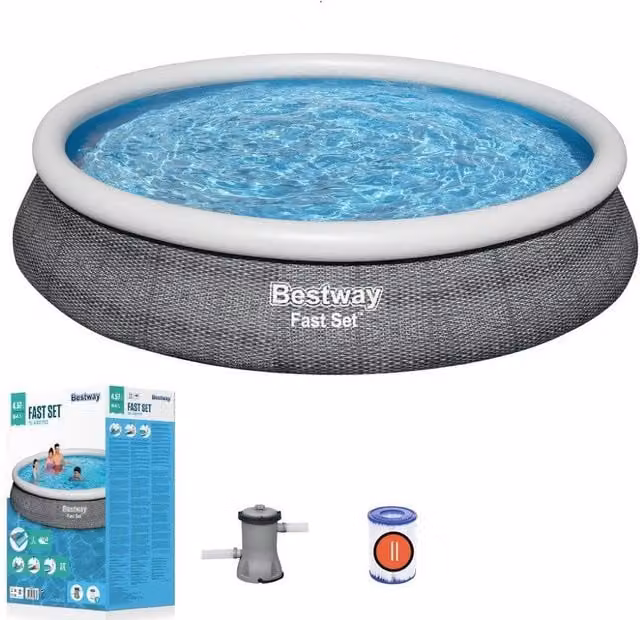 Trade Shop - Piscina Fast Set Gonfiabile Rotonda Rattan 457x84cm Pompa Filtro Cartuccia 57313 -