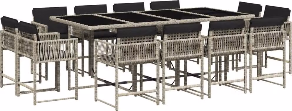 Set da Pranzo da Giardino 13pz con Cuscini Grigio in Polyrattan