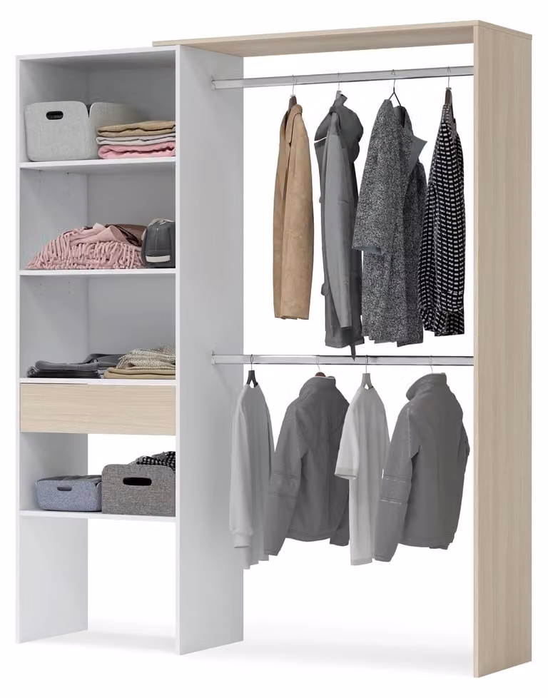 Armadio, dimensioni 187x158x40 cm, con 2 aste, 4 ripiani, 1 cassetto, colore bianco/noce