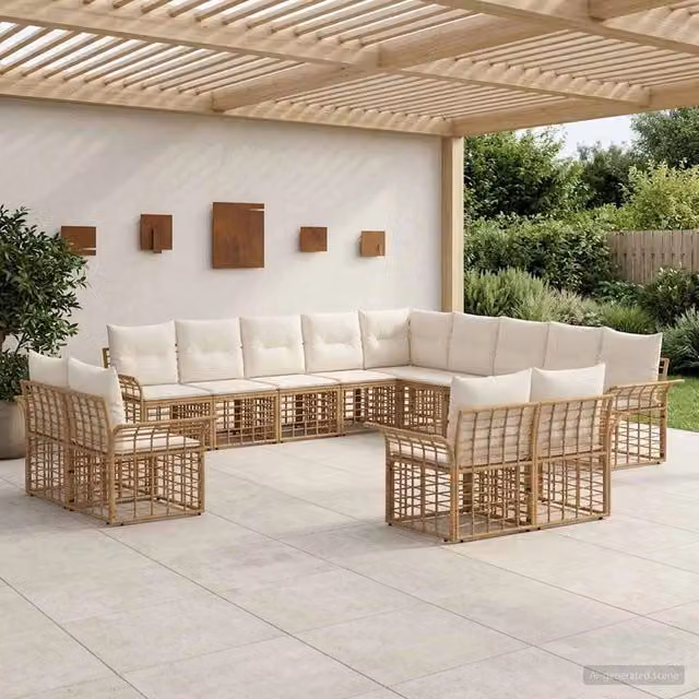 Set di divani da esterno a forma di U vidaXL composto da 13 pezzi in stile moderno con struttura in metallo e cuscini inclusi, colori beige, bianco e marrone