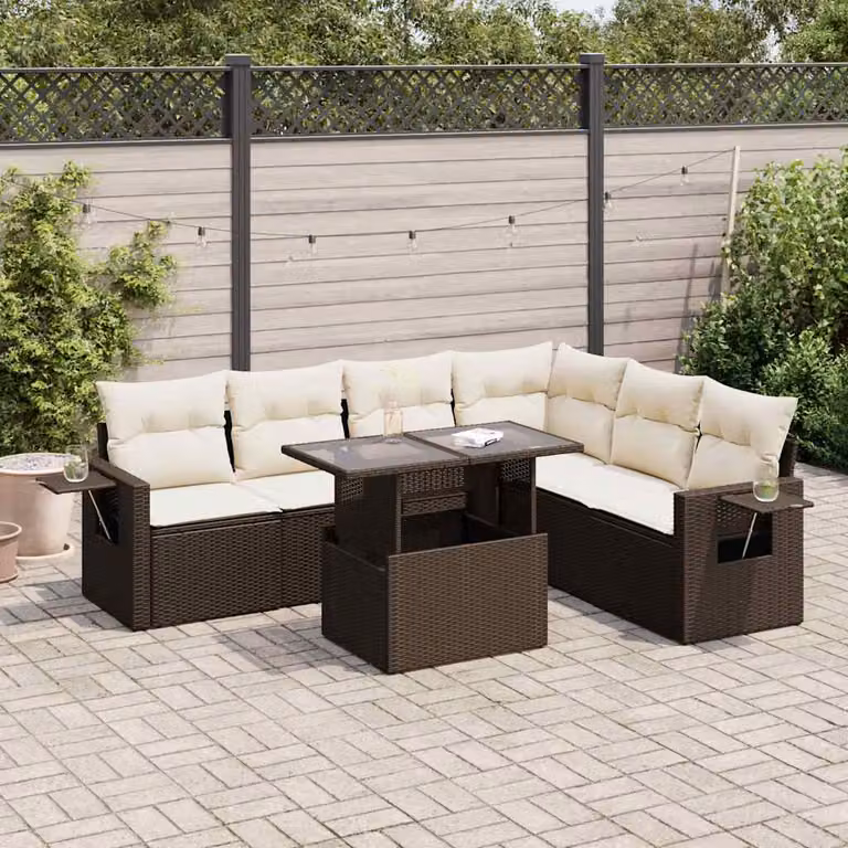 Set di divani da giardino vidaXL 7 pz con cuscini marroni e tavolino in rattan e metallo con struttura in acciaio verniciato a polvere
