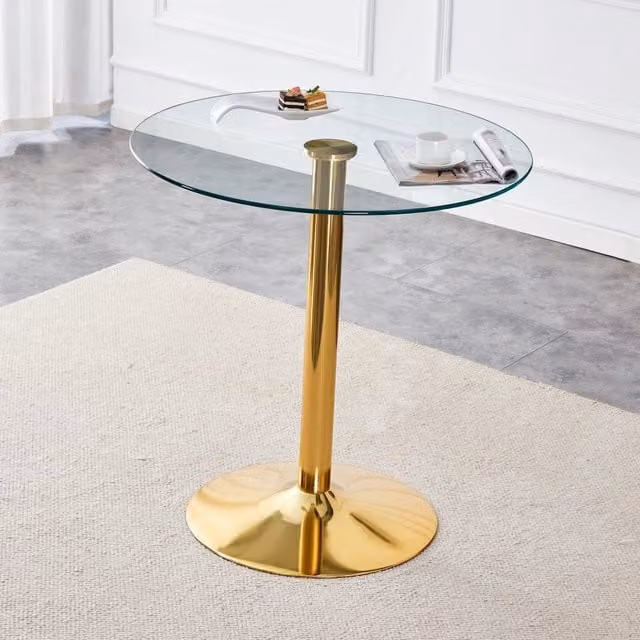 Tavolo da Bar Rotondo Minimal con Piano in Vetro Temperato Trasparente e Base Oro Diametro: 89 cm, Altezza: 92 cm