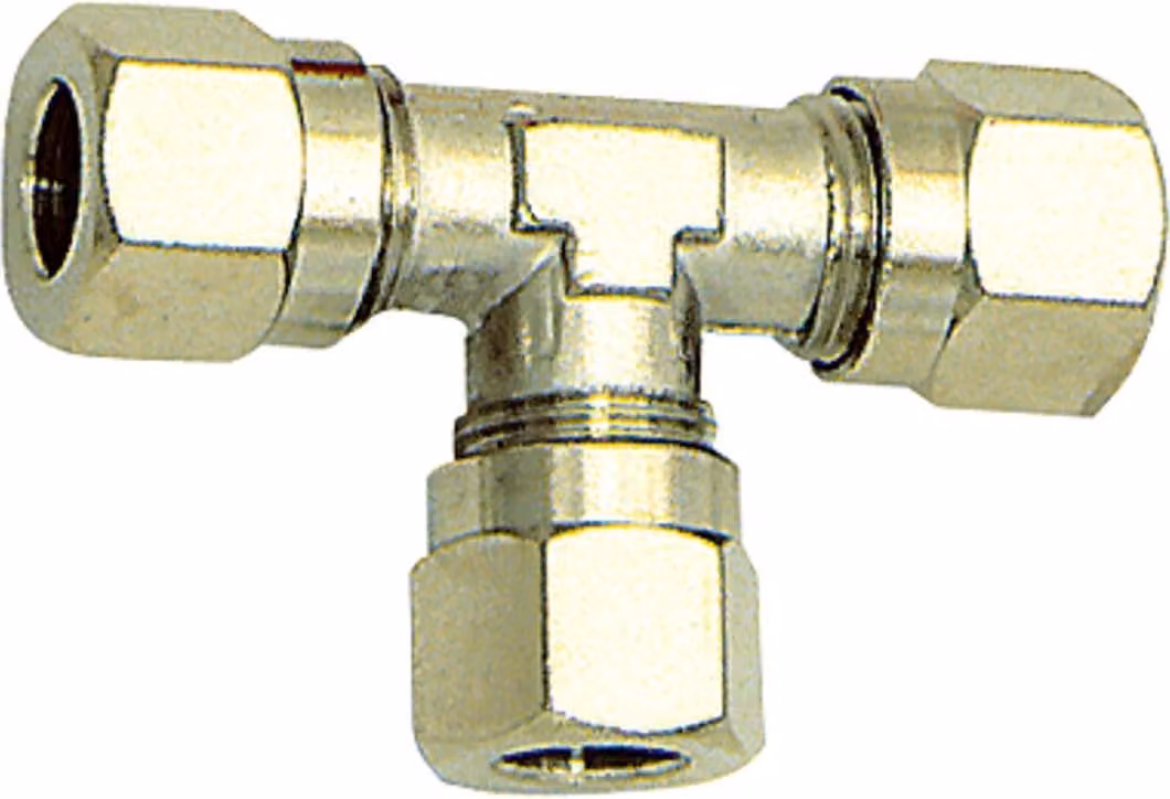 Raccordo a T Riegler, Ø esterno tubo 12 mm, SW 15, SW1 22, ottone nichelato.