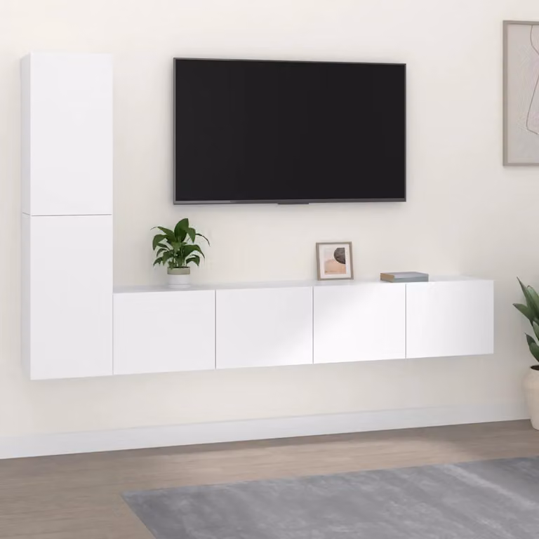 Set di mobili porta TV vidaXL 4 pezzi bianco in legno e MDF per soggiorno, modello a parete con scomparti multimediali, L/P/H: 80 x 30 x 30 cm